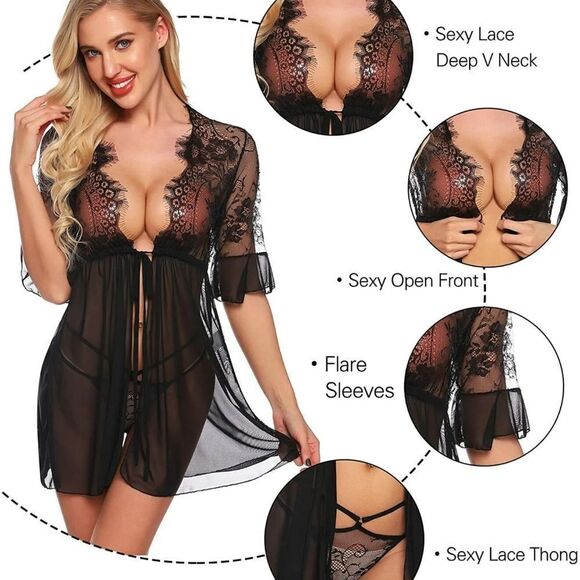 Women's Sexy Lingerie Babydoll Lace Chemise Sheer Mesh Open Front Sleepwear Set - Picture 2 of 7